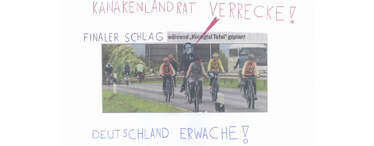 So sieht der letzte Drohbrief an Landrat Erich Pipa aus. Personen von FDI unkenntlich gemacht.