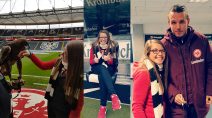 Maskottchen Attila ließ sich von Nicole Schäfer streicheln, auf der Eintracht-Trainerbank und Eintracht-Spieler Alex Meier getroffen. Bilder: PB24