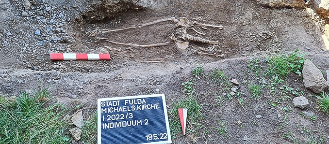 Dieses Skelett wurde bei den Grabungsarbeiten 2022 an der Michaelskirche gefunden. Es ist deutlich zu erkennen, dass der Verstorbene nicht gerade in das Grab gelegt werden konnte, da eine der Hüften eine Fehlstellung hat.